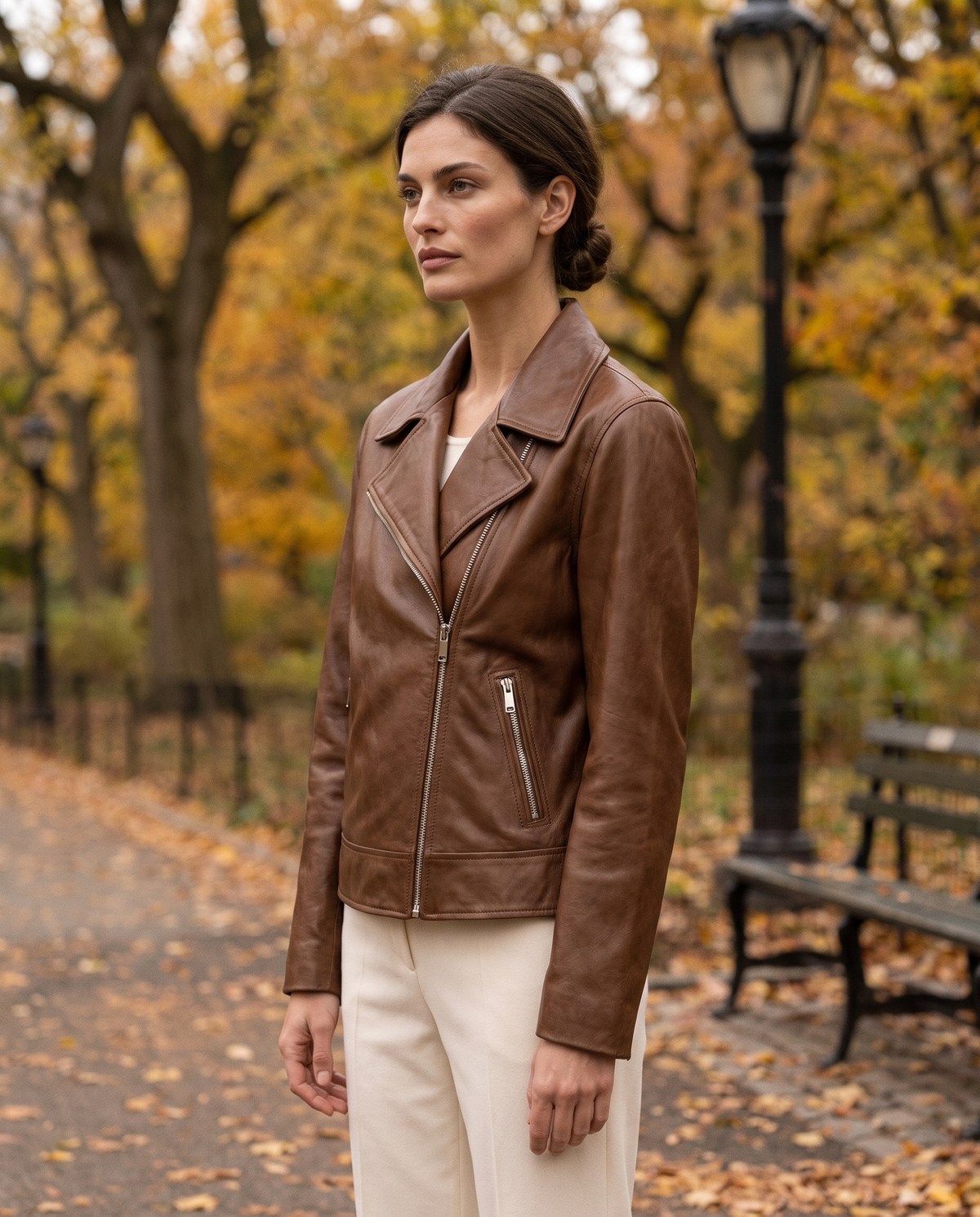 Soft Leather Jacket with Notched Lapel — worn in Central Park in autumn