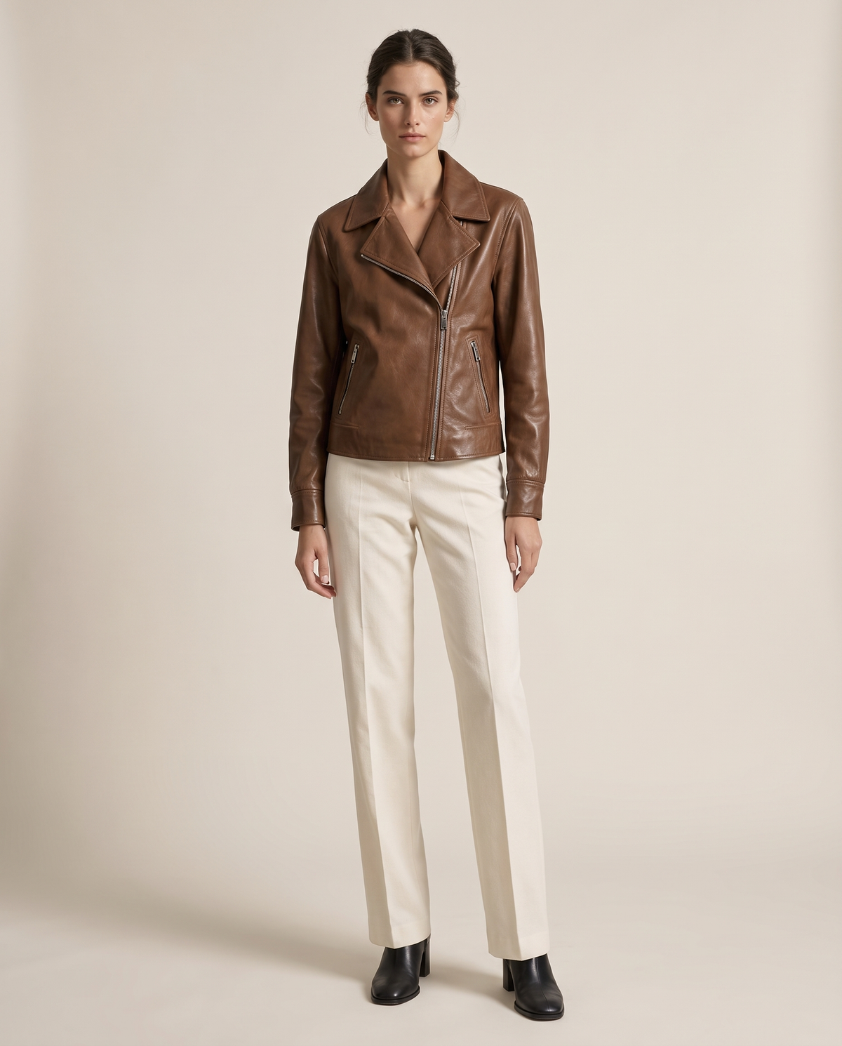 Soft Leather Jacket with Notched Lapel — studio front