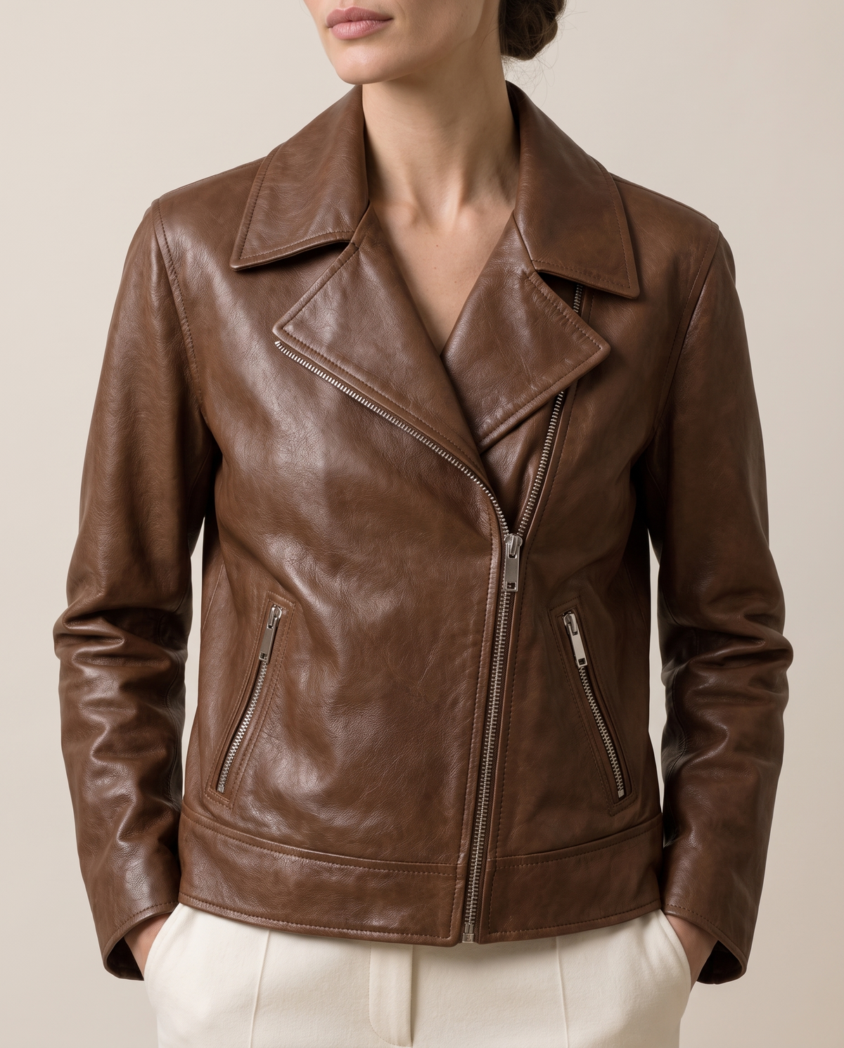 Soft Leather Jacket with Notched Lapel — lapels and zip, worn