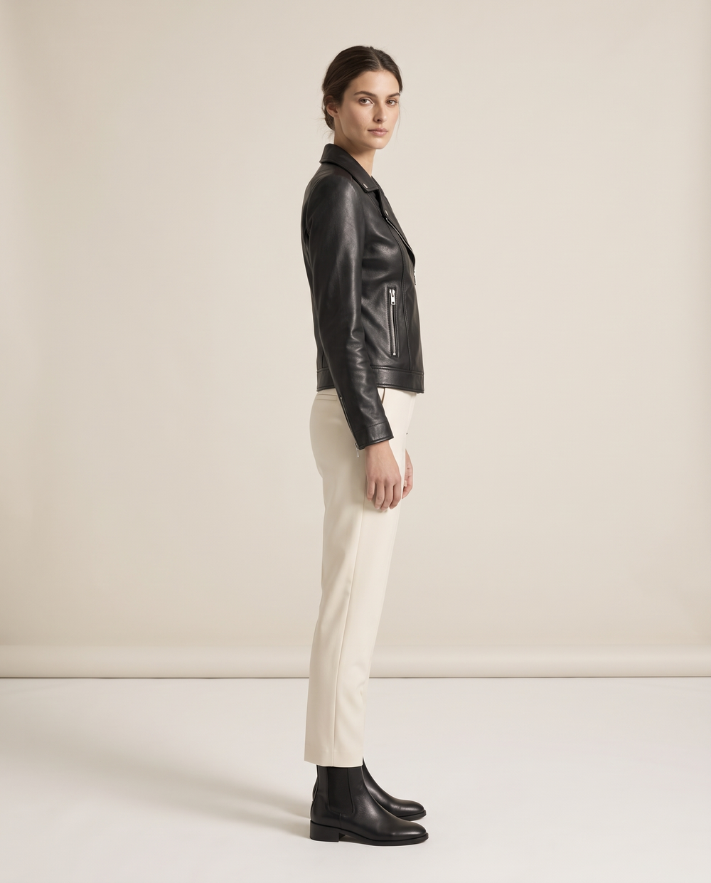 Notch-Lapel Leather Biker Jacket — three-quarter view