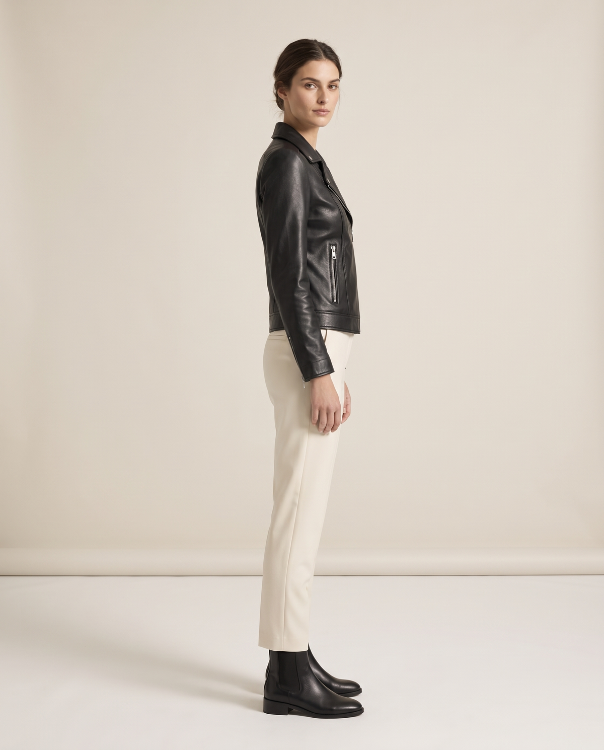 Notch-Lapel Leather Biker Jacket — three-quarter view