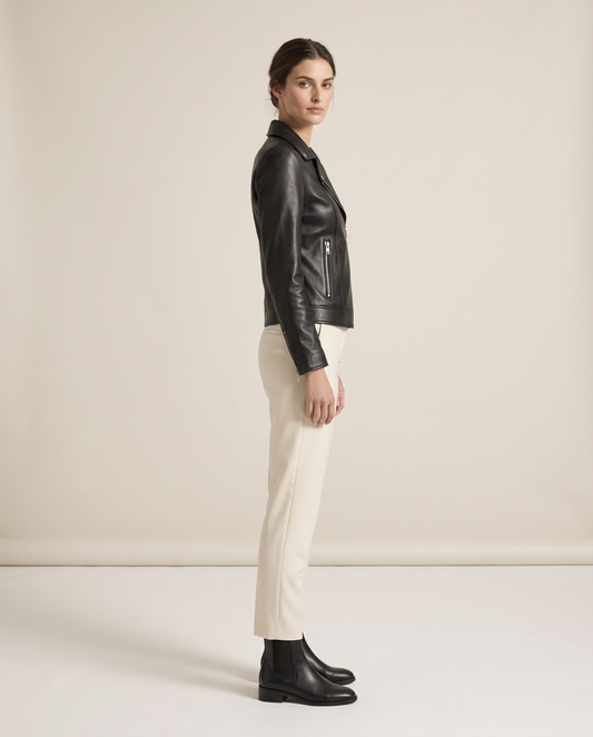 Notch-Lapel Leather Biker Jacket — three-quarter view