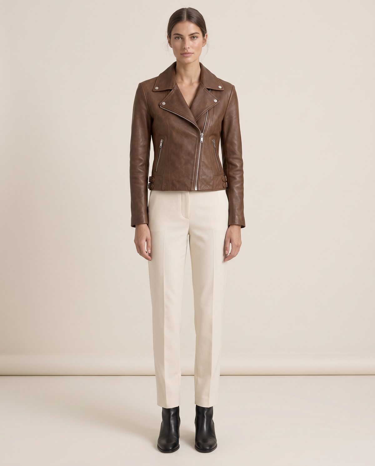Notch-Lapel Leather Biker Jacket — brown, studio front