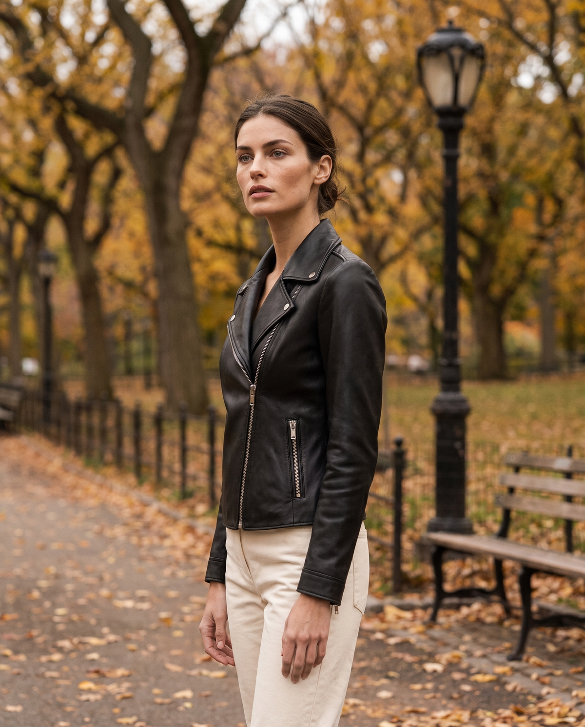 Notch-Lapel Leather Biker Jacket — worn in Central Park in autumn