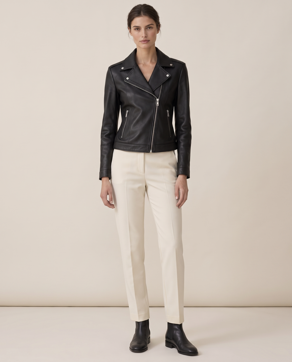 Notch-Lapel Leather Biker Jacket — studio front