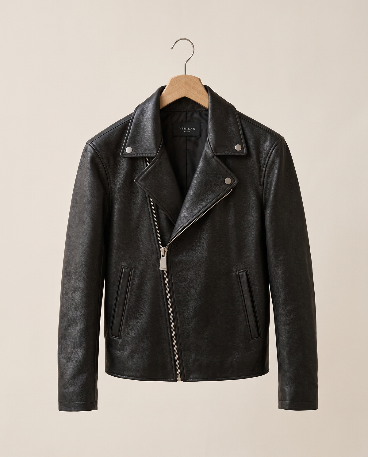 Notch-Lapel Leather Biker Jacket — on hanger
