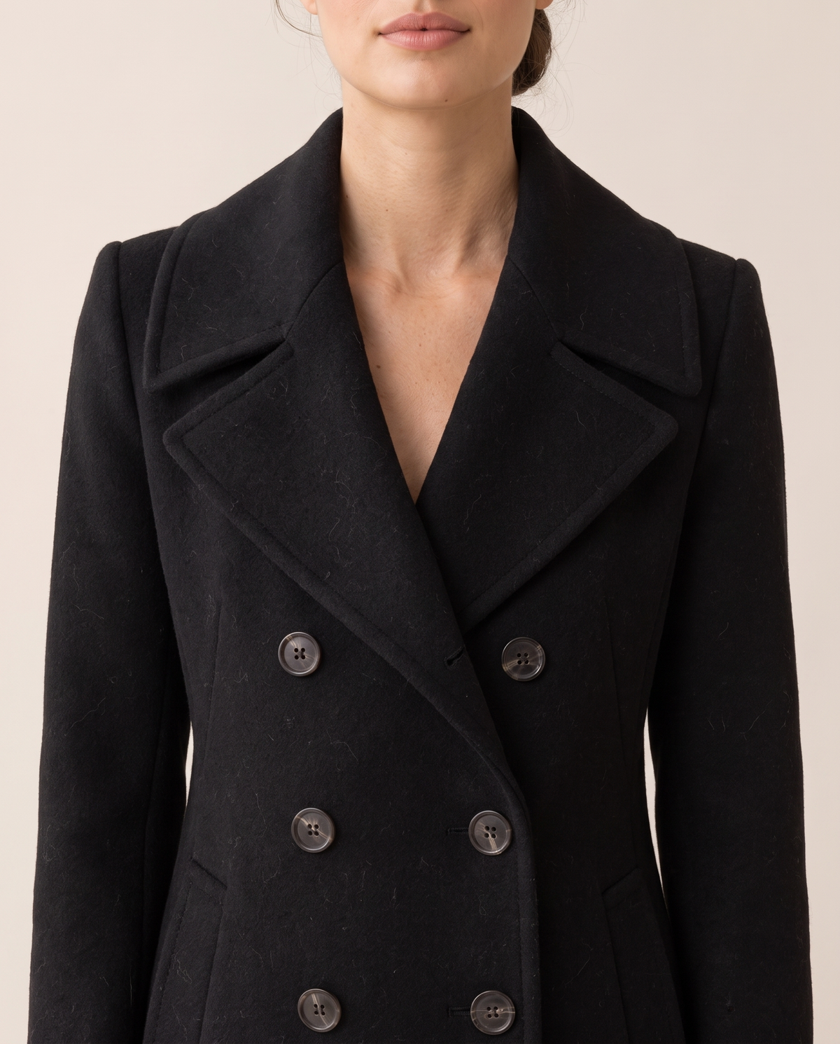 Double-Breasted Coat with Wide Collar — collar and buttons, worn