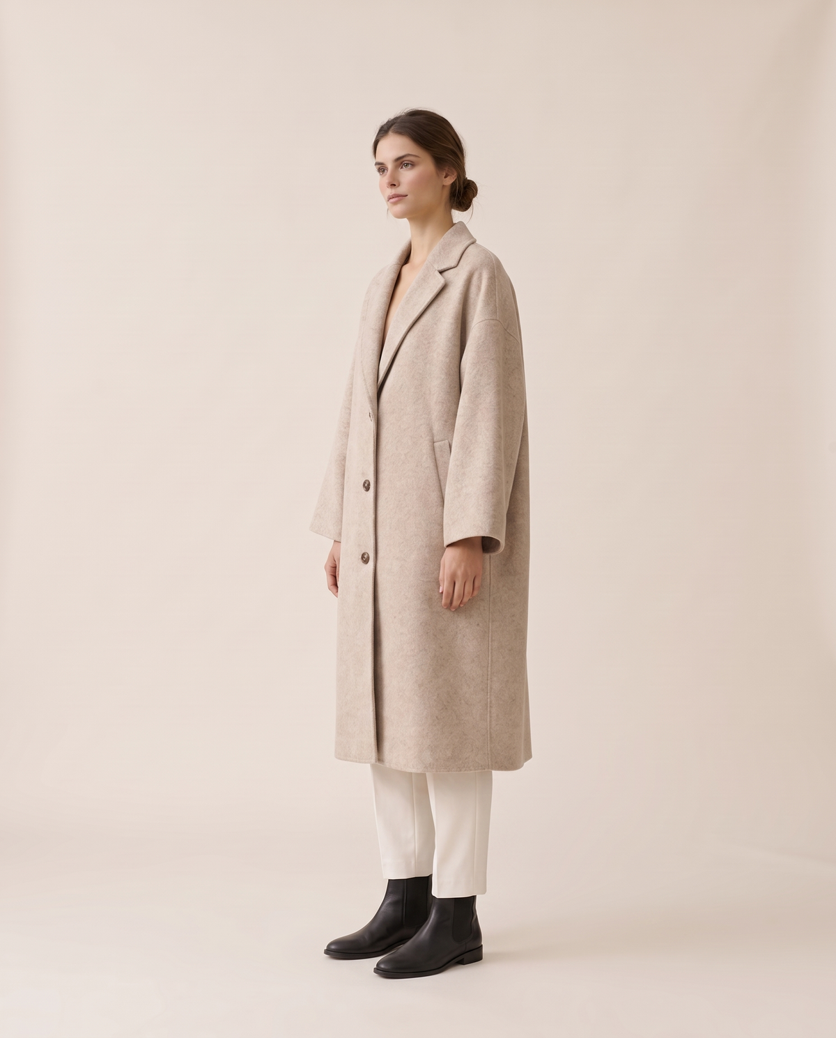 Oversized Wool-Blend Coat with Dropped Shoulders — three-quarter view