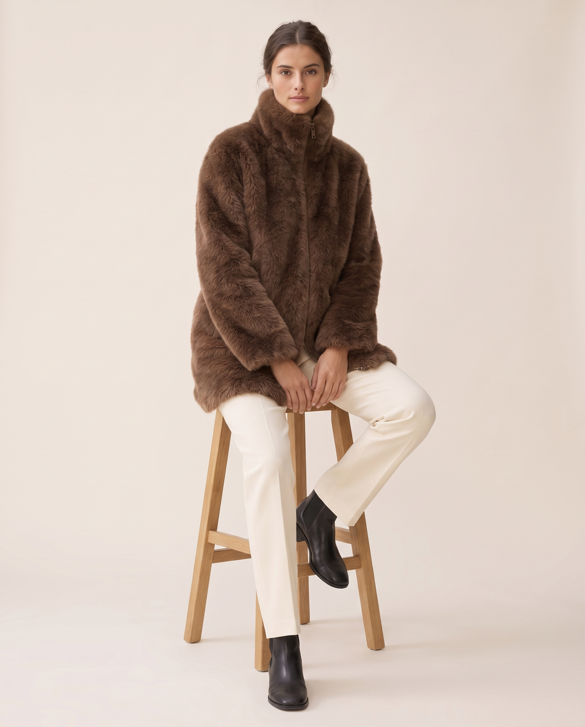 Faux Fur Coat with High Collar — worn seated
