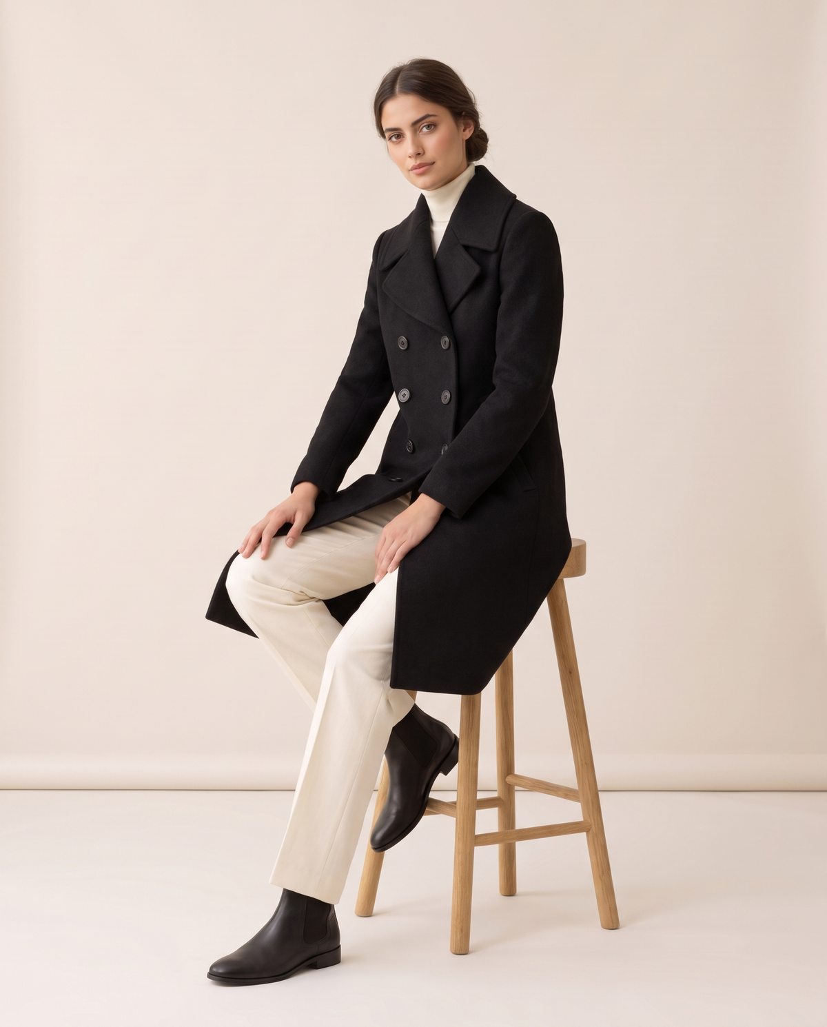Double-Breasted Coat with Wide Collar — worn seated