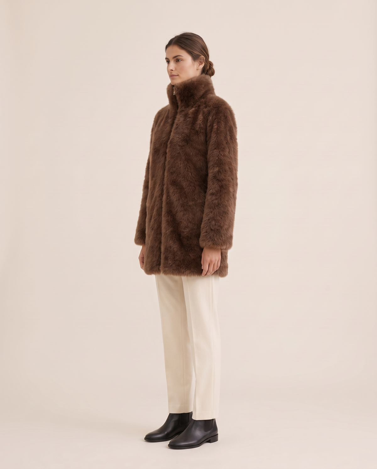 Faux Fur Coat with High Collar — three-quarter view