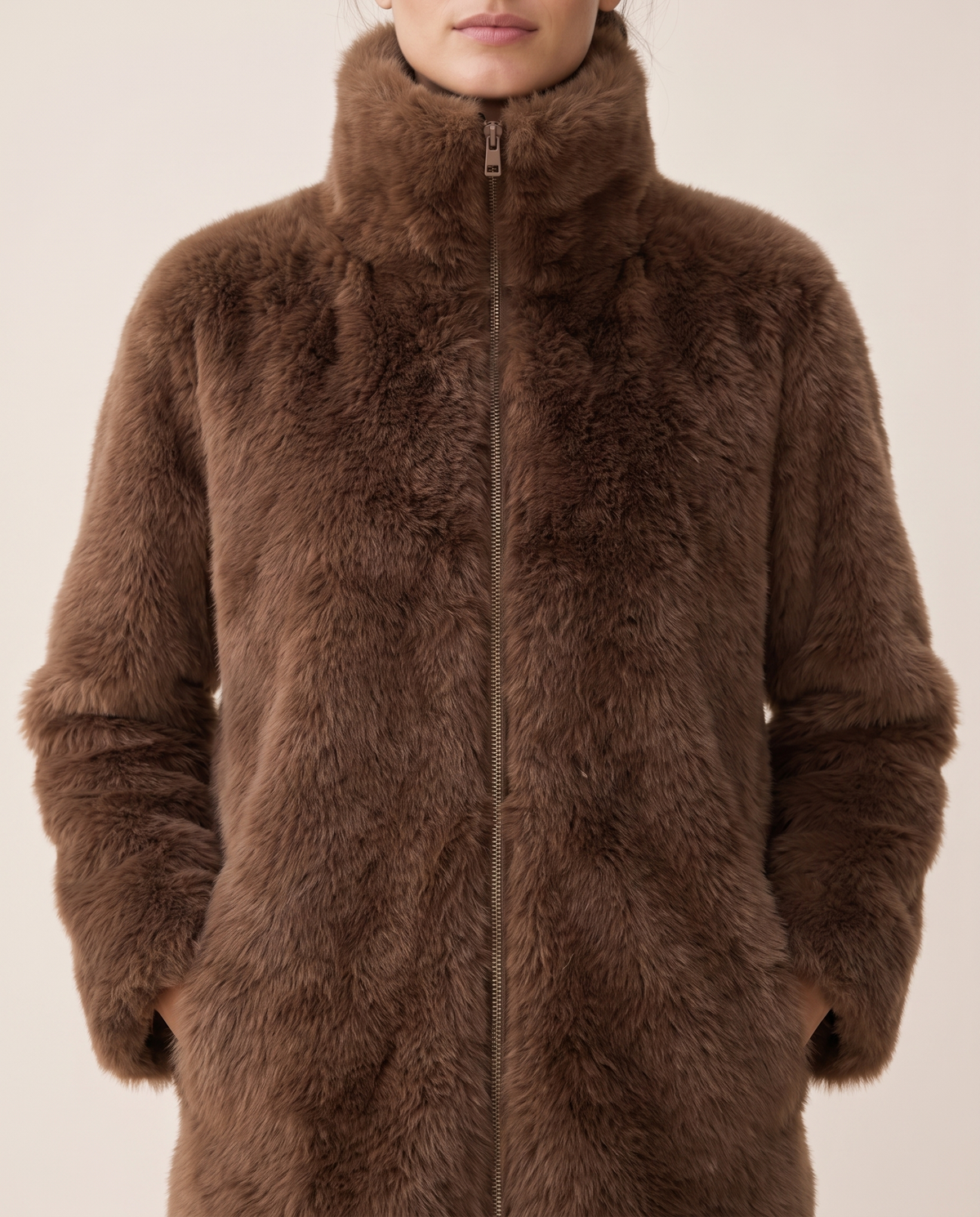 Faux Fur Coat with High Collar — high collar, worn
