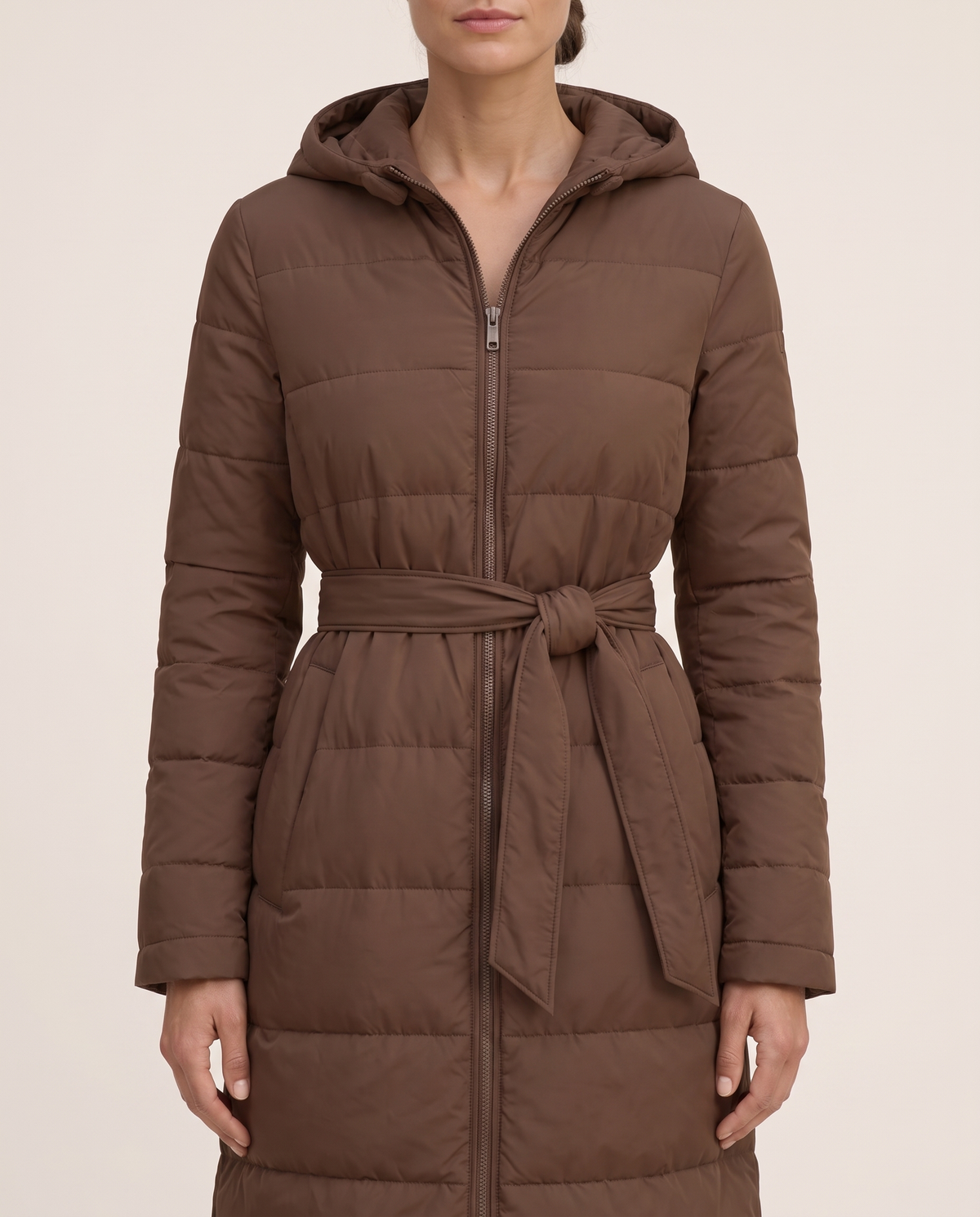 Long Belted Hooded Winter Coat — belt and hood, worn