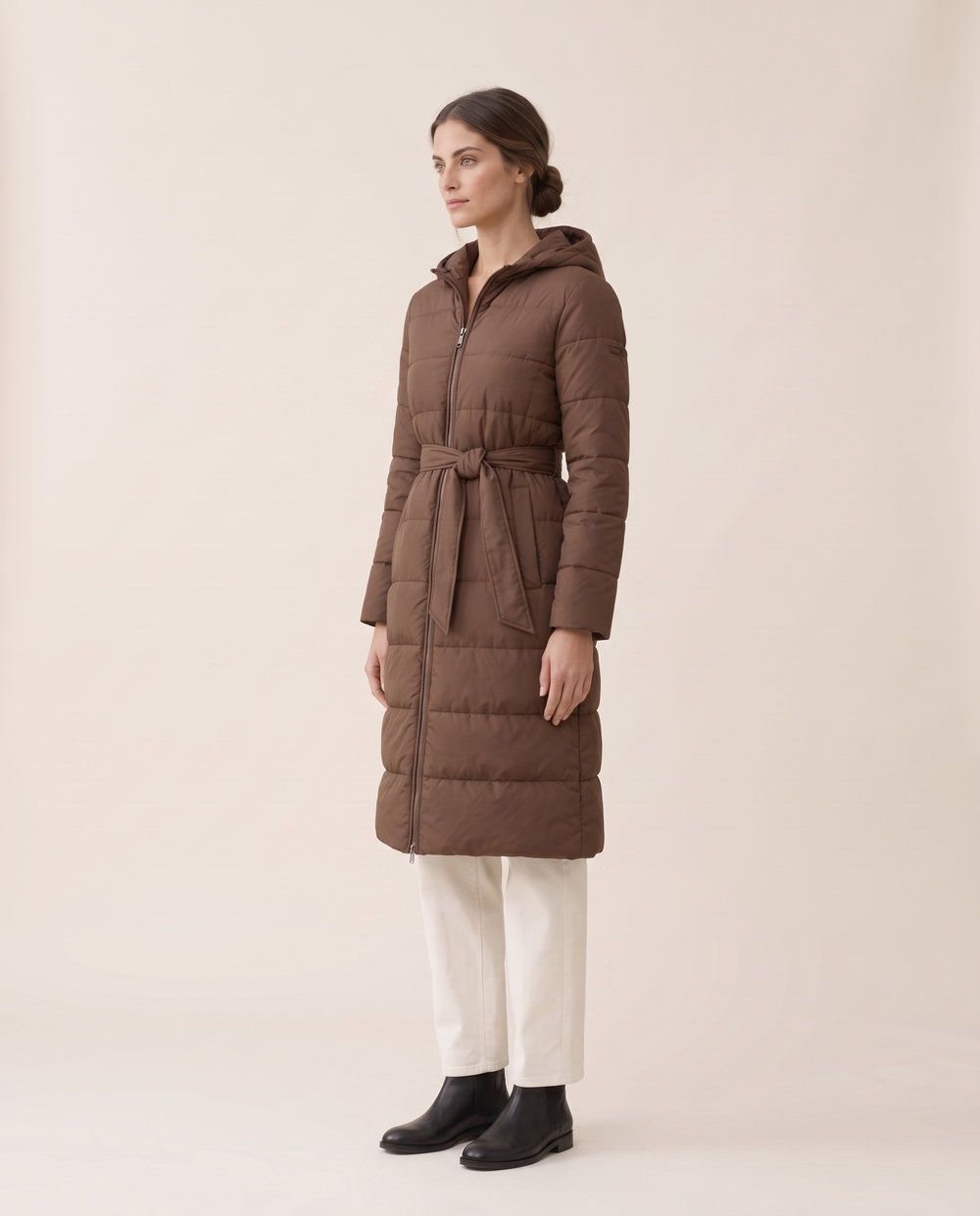 Long Belted Hooded Winter Coat — three-quarter view