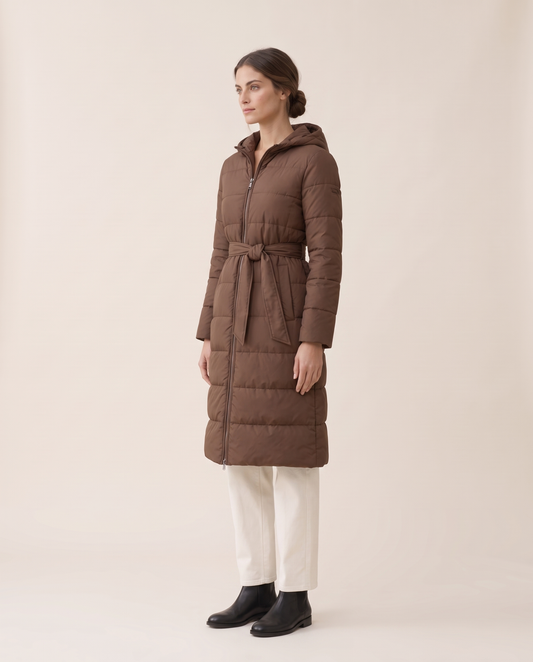 Long Belted Hooded Winter Coat — three-quarter view