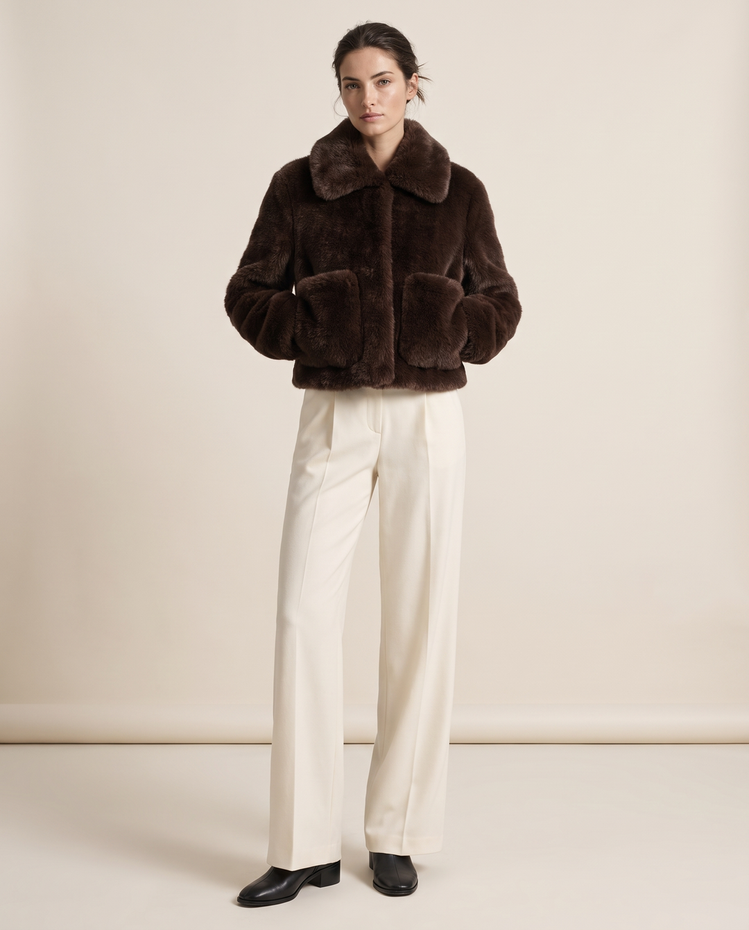 Cropped Faux Fur Jacket in Dark Brown — studio front