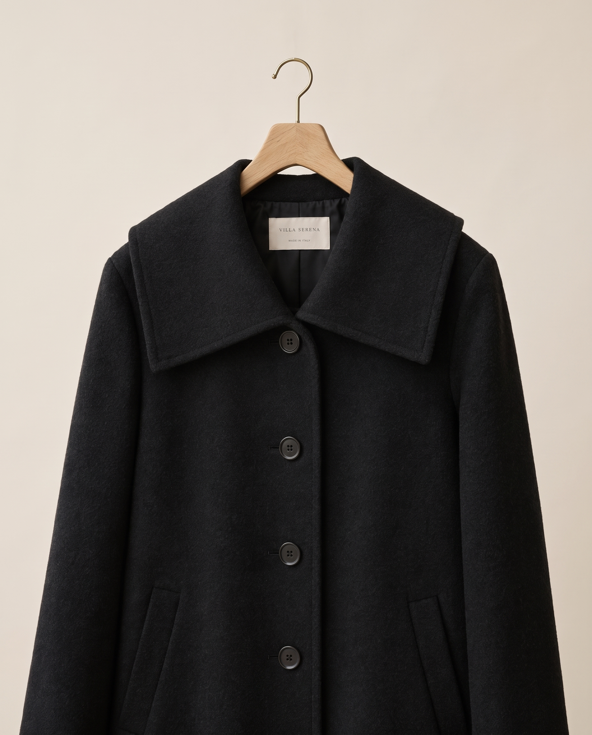 Black Wool Coat with Square Collar — on hanger