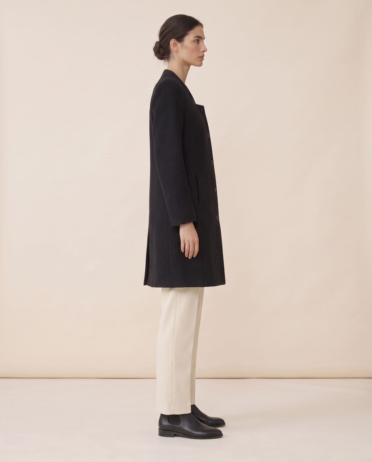 Black Wool Coat with Square Collar — three-quarter view