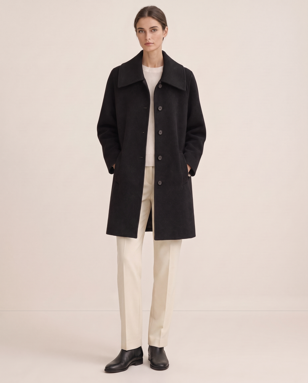 Black Wool Coat with Square Collar — studio front