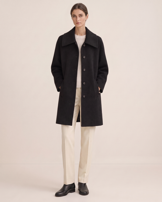 Black Wool Coat with Square Collar — studio front