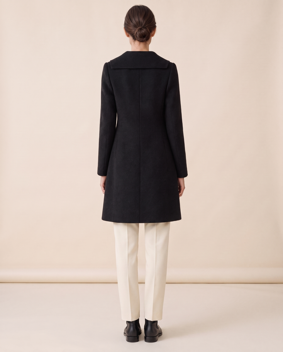 Black Wool Coat with Square Collar — studio back