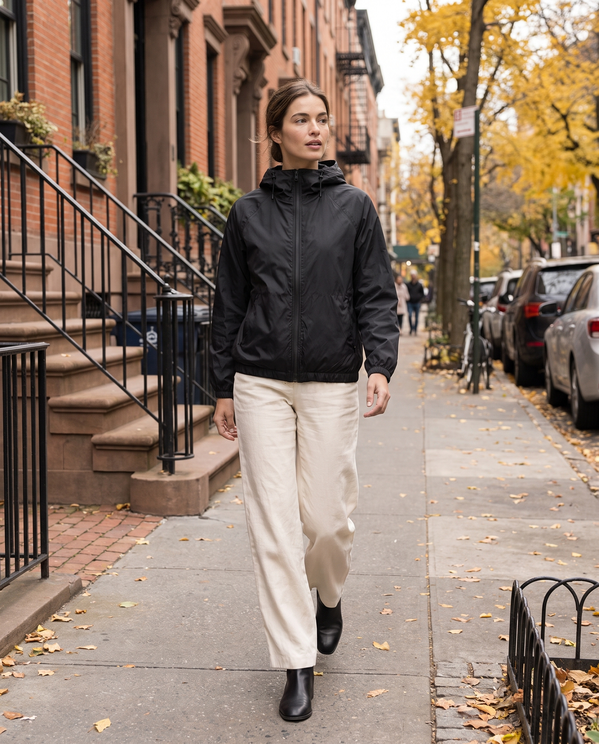 Waterproof Hooded Windbreaker Jacket for Women — worn on a New York street in autumn