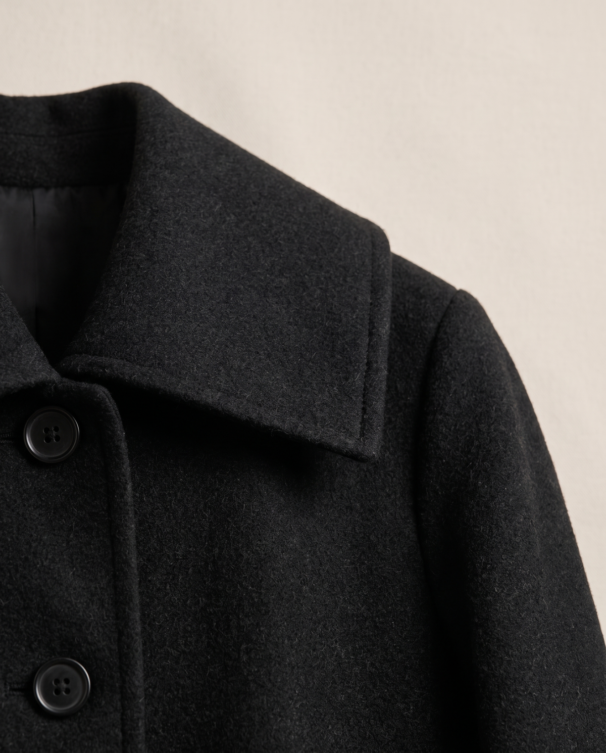 Black Wool Coat with Square Collar — square collar close-up