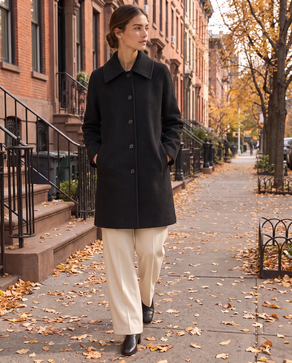 Black Wool Coat with Square Collar — worn on a New York street in autumn