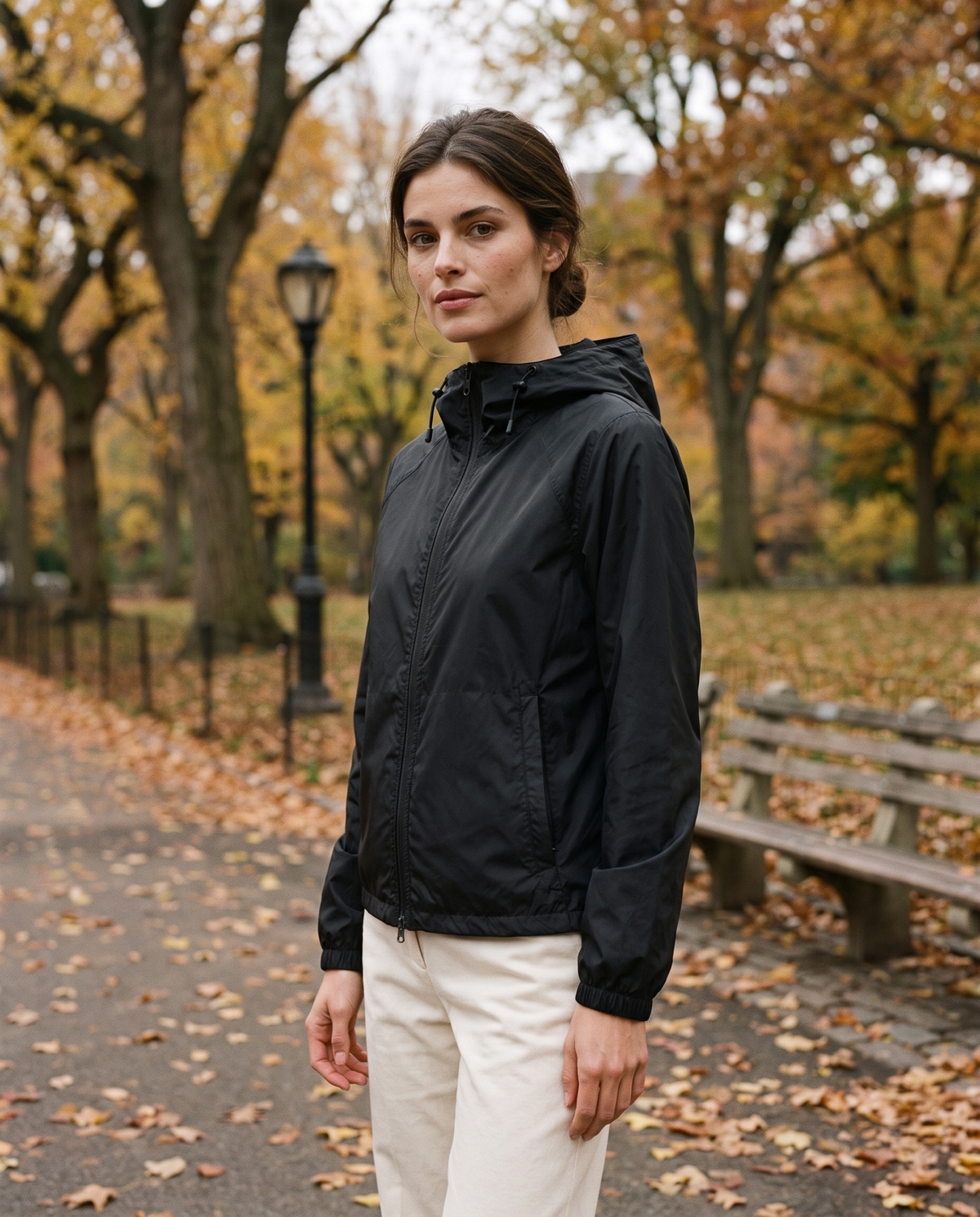 Waterproof Hooded Windbreaker Jacket for Women — worn in Central Park in autumn