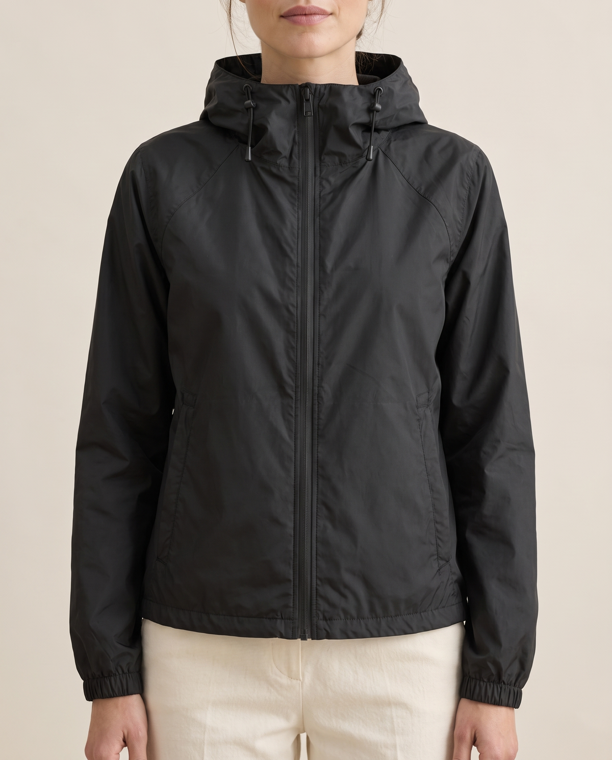 Waterproof Hooded Windbreaker Jacket for Women — hood and zip, worn