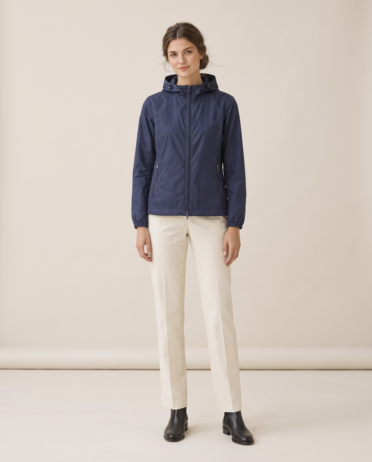 Waterproof Hooded Windbreaker Jacket for Women — navy, studio front