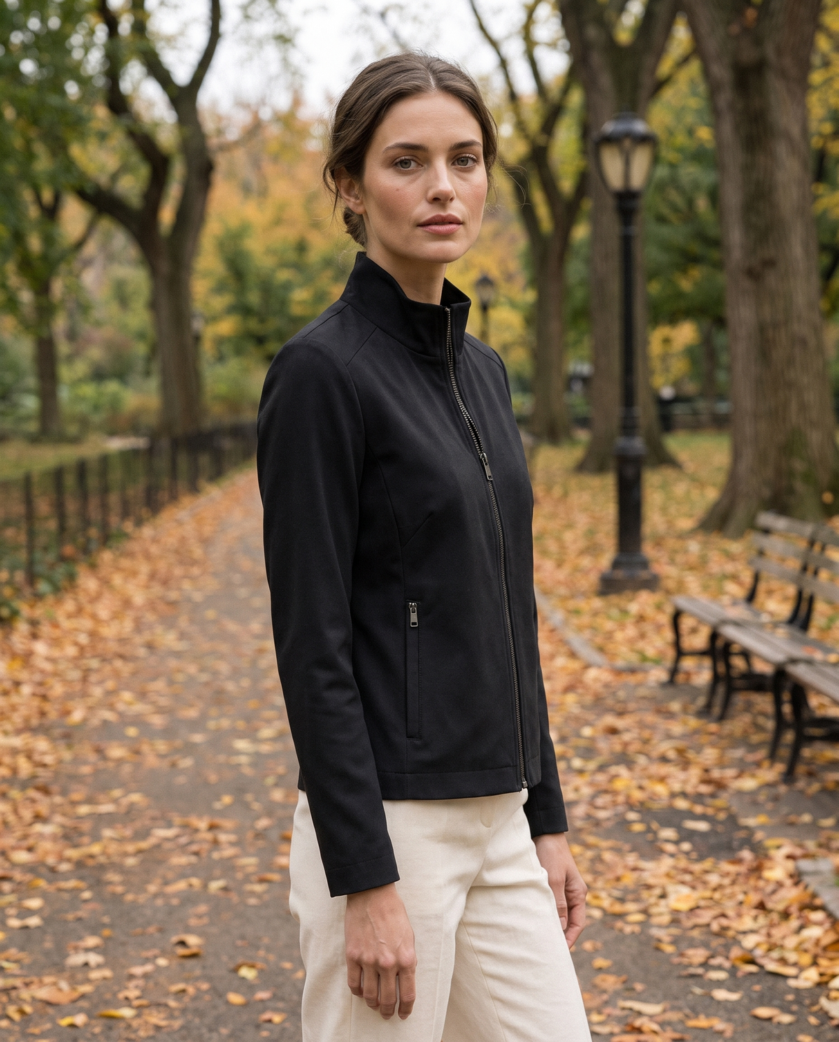 Stand-Collar Zip Jacket for Women — worn in Central Park in autumn