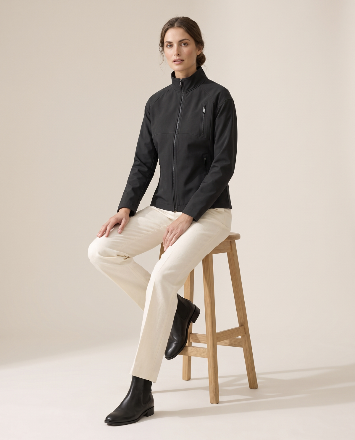 Stand-Collar Zip Jacket for Women — worn seated