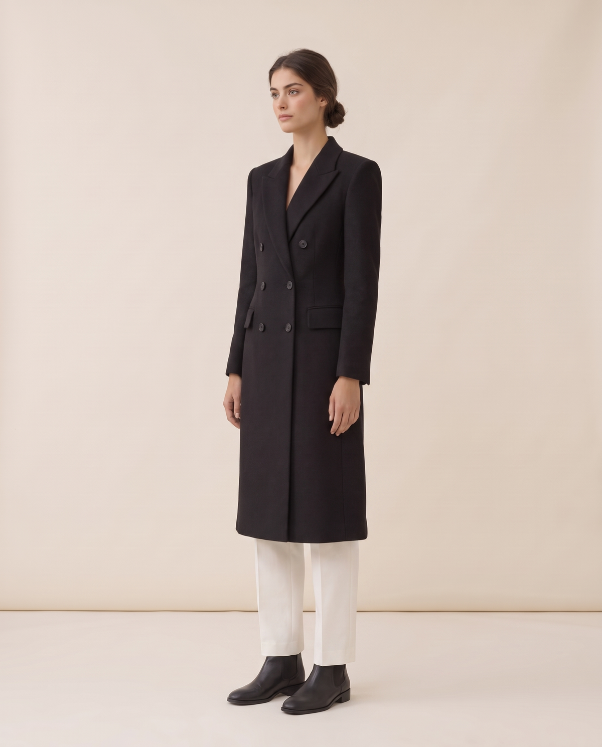 Longline Double-Breasted Tailored Coat — three-quarter view
