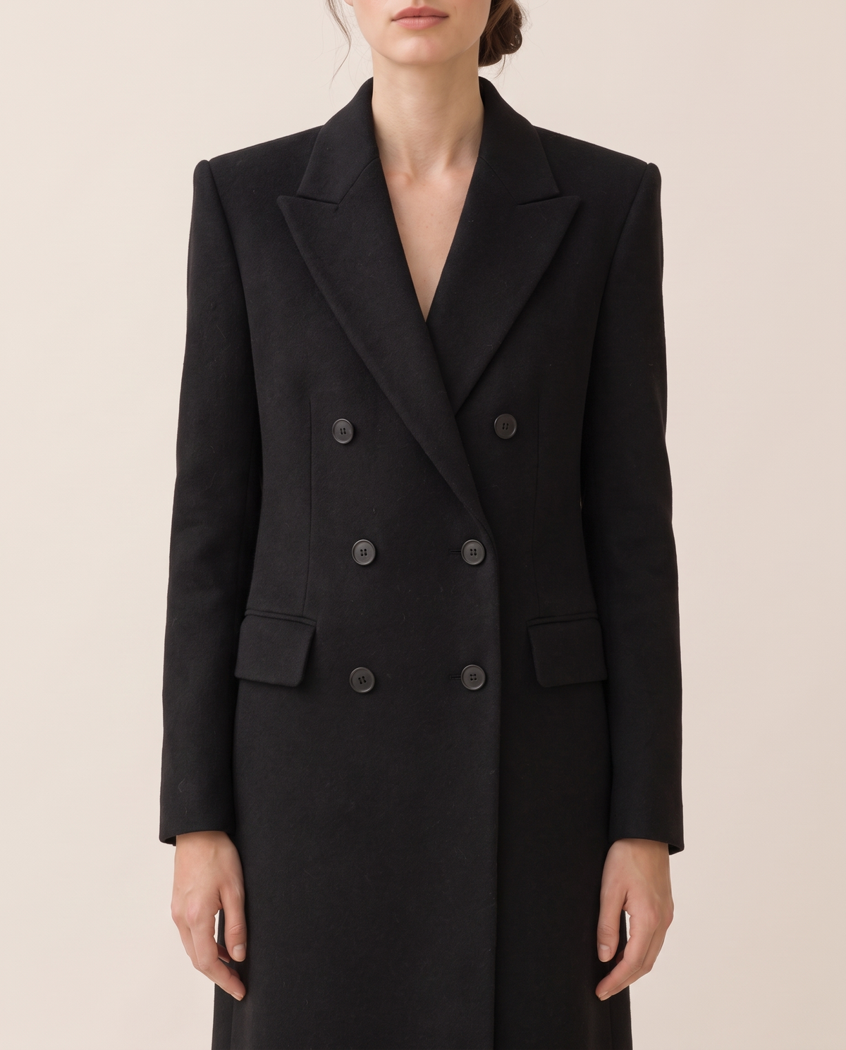 Longline Double-Breasted Tailored Coat — lapels and buttons, worn