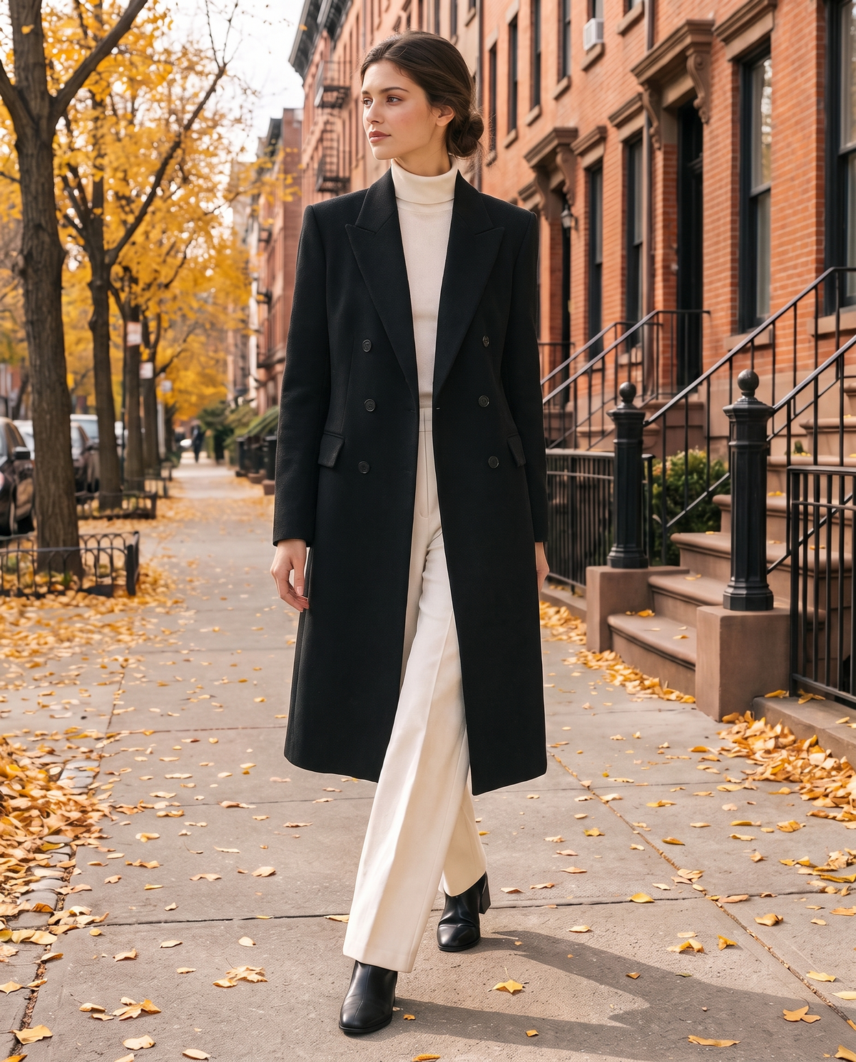 Longline Double-Breasted Tailored Coat — worn on a New York street in autumn