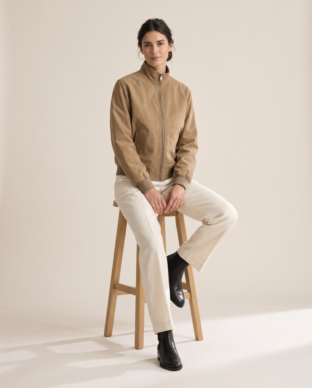 Vintage Bomber Jacket for Women — worn seated
