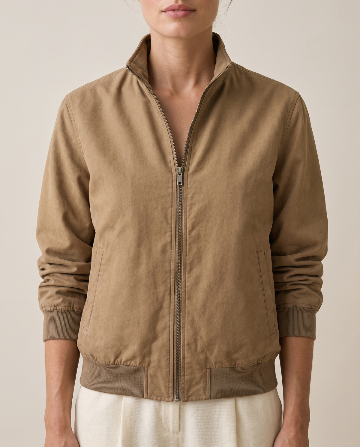 Vintage Bomber Jacket for Women — collar and zip, worn