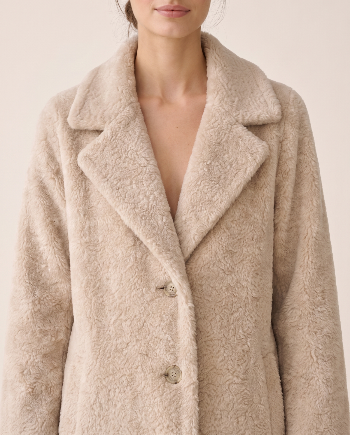 Plush Fleece Coat with Wide Lapels — lapels and buttons, worn
