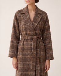 Plaid Belted Winter Coat for Women — lapels and belt, worn