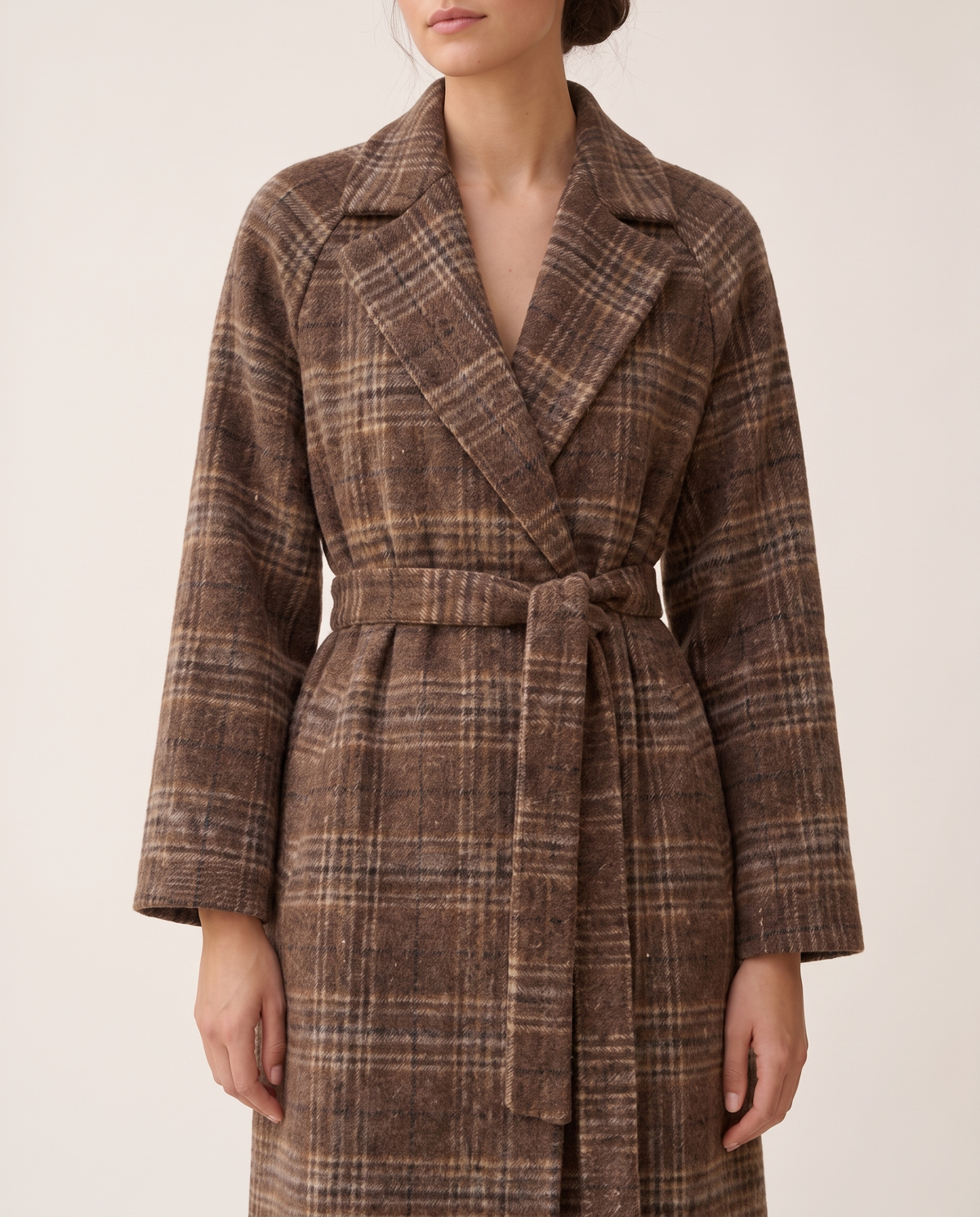Plaid Belted Winter Coat for Women — lapels and belt, worn