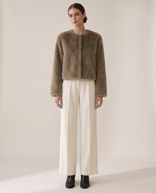 Cropped Faux Fur Jacket with Hidden Closure — studio front