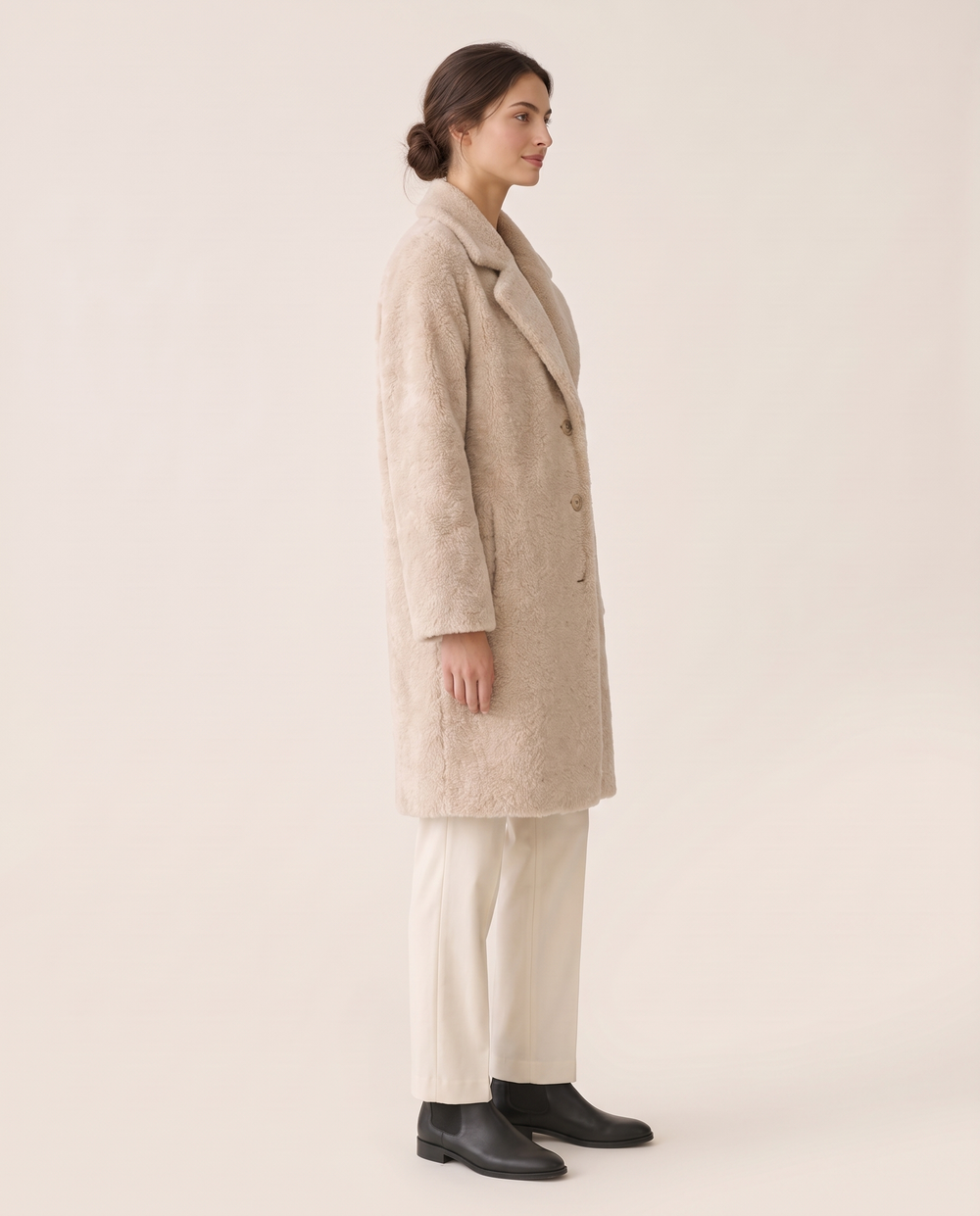 Plush Fleece Coat with Wide Lapels — three-quarter view
