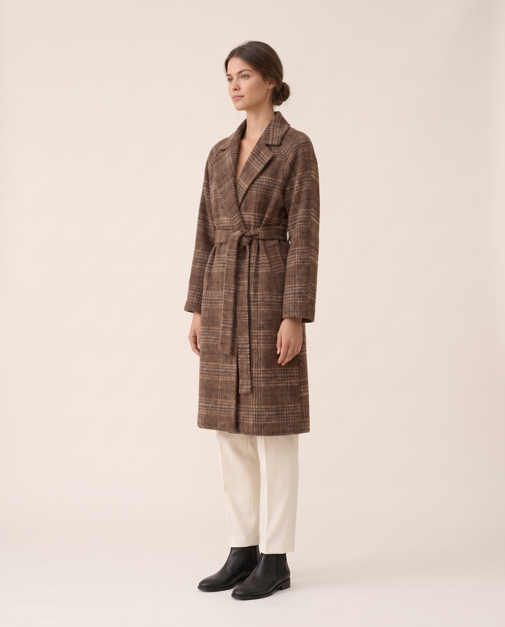 Plaid Belted Winter Coat for Women — three-quarter view
