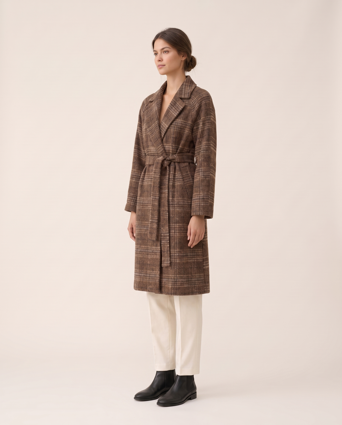Plaid Belted Winter Coat for Women — three-quarter view