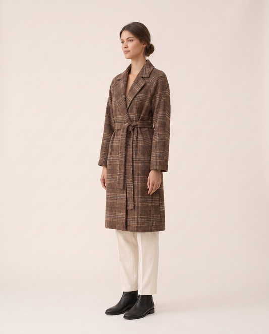 Plaid Belted Winter Coat for Women — three-quarter view