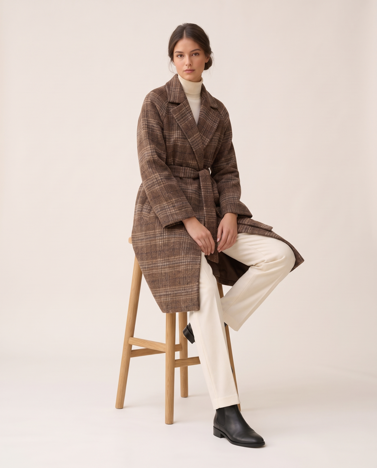 Plaid Belted Winter Coat for Women — worn seated