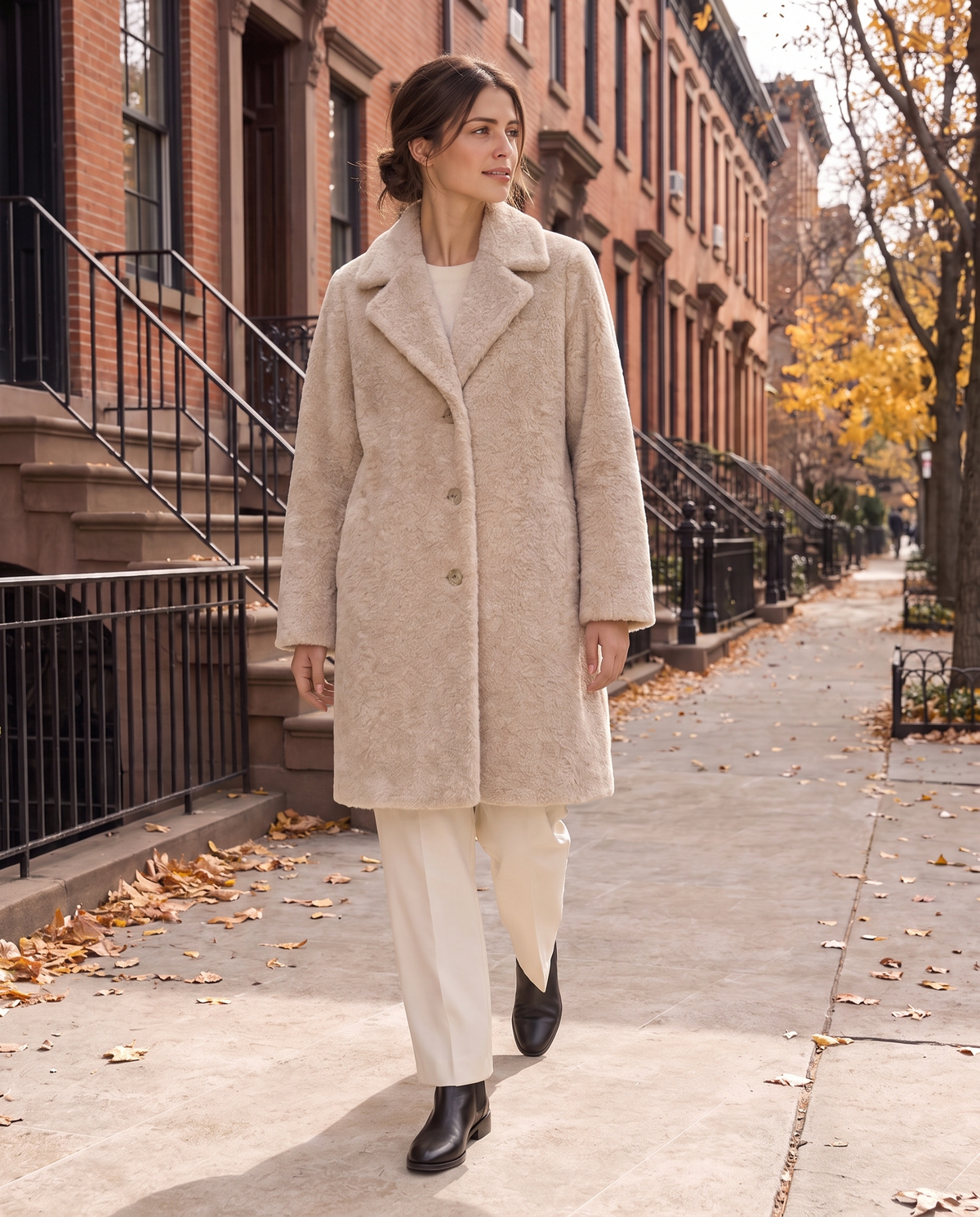 Plush Fleece Coat with Wide Lapels — worn on a New York street in autumn