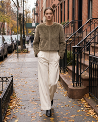 Cropped Faux Fur Jacket with Hidden Closure — worn on a New York street in autumn