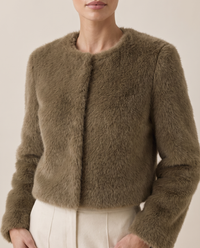 Cropped Faux Fur Jacket with Hidden Closure — fur texture, worn